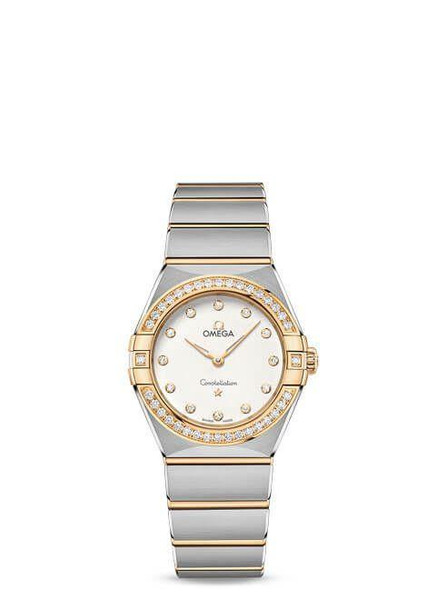 OMEGA Constellation co-axial Master Chronometer 29 mm wristwatch, two-tone gold and silver with diamond accents on bezel and dial, elegant design.