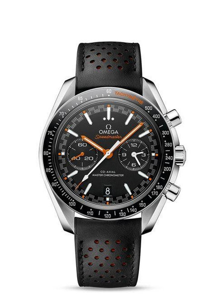 OMEGA Speedmaster Racing co-axial Master Chronometer Chronograph 44.25 mm [32932445101001] 7612586270321, black dial with orange accents, stainless steel case, black perforated leather strap, chronograph subdials, tachymeter scale, date display.