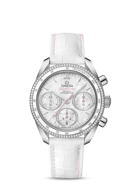 OMEGA Speedmaster 38 co-axial Chronometer Chronograph 38 mm, wristwatch with white mother-of-pearl dial, diamond-studded bezel, and white leather strap.
