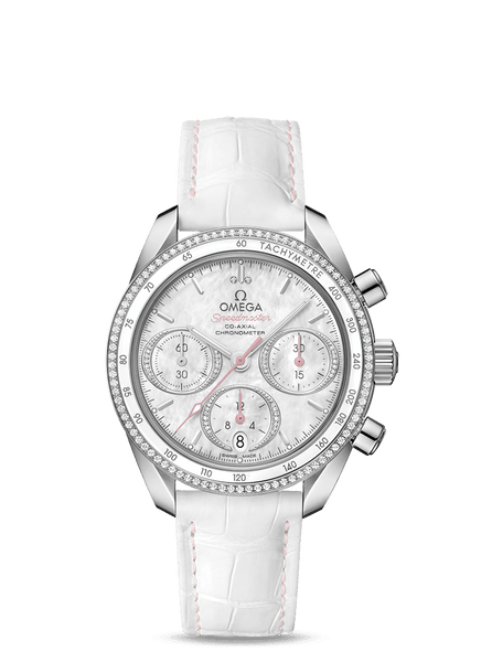 OMEGA Speedmaster 38 co-axial Chronometer Chronograph 38 mm, wristwatch with white mother-of-pearl dial, diamond-studded bezel, and white leather strap.