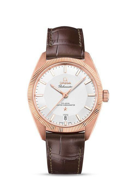 OMEGA Constellation Globemaster co-axial Master Chronometer 39 mm, a luxury wristwatch with a rose gold case, white dial, and brown leather strap.
