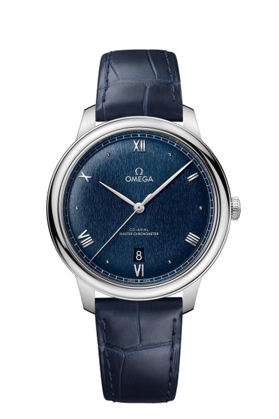 OMEGA De VillePrestige Co-Axial Master Chronometer 40 mm watch, blue dial with Roman numeral and stick hour markers, date window at 6 o'clock, leather strap, stainless steel case.