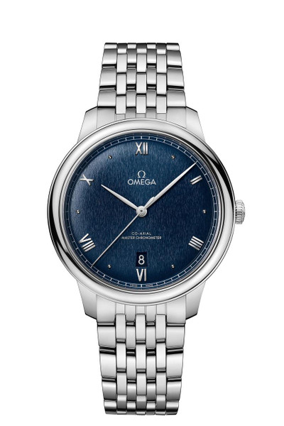 OMEGA De VillePrestige co-axial Master Chronometer 40 mm, silver stainless steel wristwatch with blue dial and Roman numeral markers.