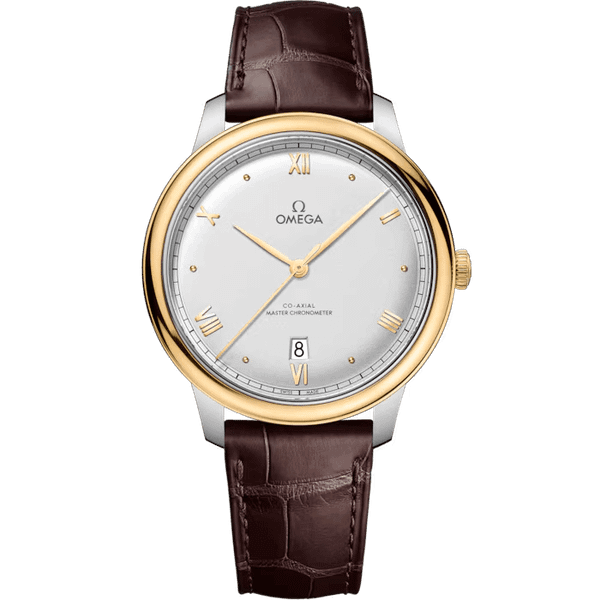 OMEGA De VillePrestige co-axial Master Chronometer 40 mm watch, elegant timepiece with gold bezel, silver dial, Roman numeral hour markers, brown leather strap, and date display at 6 o'clock.