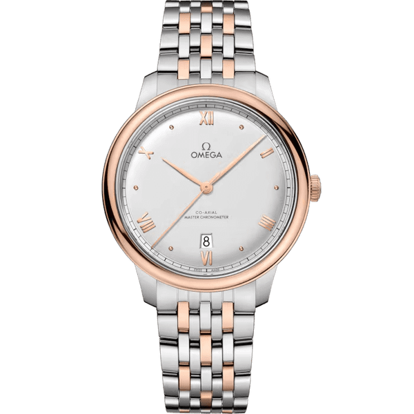 OMEGA De VillePrestige co-axial Master Chronometer 40 mm watch, silver dial with rose gold accents, stainless steel and rose gold bracelet, featuring date display at 6 o'clock and chronometer functionality.