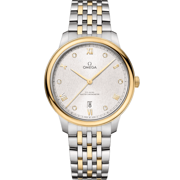 OMEGA De VillePrestige Co-Axial Master Chronometer 40 mm watch, two-tone stainless steel and gold bracelet with silver dial, Roman numeral and diamond hour markers, date display at 6 o'clock, and gold bezel.