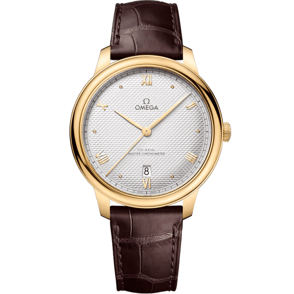 Omega De Ville Prestige Co-Axial Master Chronometer 40mm watch with gold case, silver textured dial, Roman numeral hour markers, and brown leather strap.