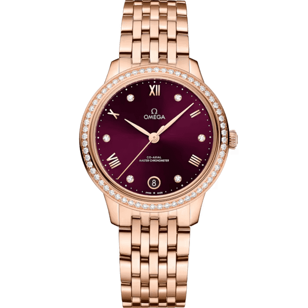 OMEGA De VillePrestige co-axial Master Chronometer 34 mm, luxury wristwatch with a rose gold bracelet, burgundy dial, diamond-studded bezel, and date display.