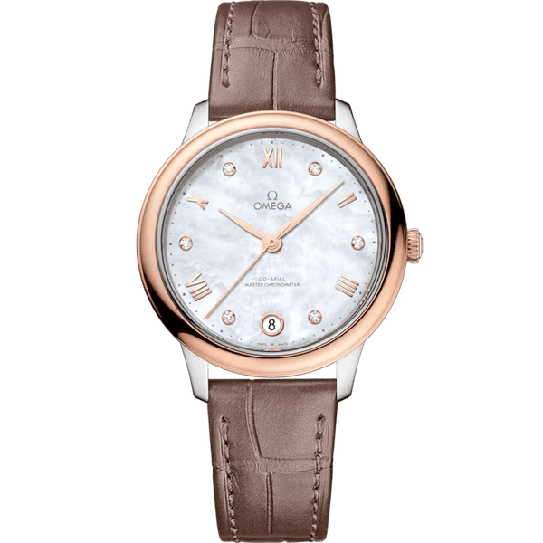 OMEGA De VillePrestige co-axial Master Chronometer 34 mm, Elegant wristwatch with a mother-of-pearl dial, rose gold bezel, and taupe leather strap.