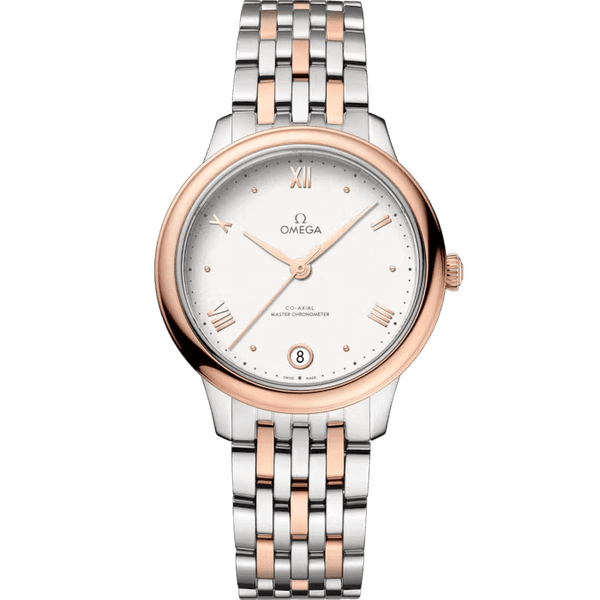 Omega De Ville Prestige Co-Axial Master Chronometer 34 mm watch, elegant two-tone silver and rose gold bracelet with a white dial, Roman numeral hour markers, and date display at 6 o'clock.