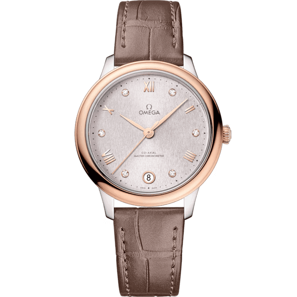 OMEGA De VillePrestige Co-Axial Master Chronometer 34 mm, Elegant wristwatch featuring a silver dial with diamond hour markers, rose gold bezel, and a taupe leather strap.
