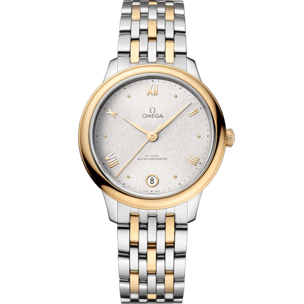 Omega De Ville Prestige Co-Axial Master Chronometer 34 mm wristwatch, silver dial with gold accents, two-tone stainless steel and gold bracelet, with date display at 6 o'clock.