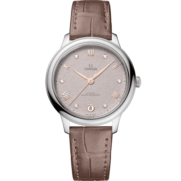 OMEGA De VillePrestige co-axial Master Chronometer 34 mm [43413342052002], wristwatch with silver dial, rose gold hands and Roman numeral hour markers, brown leather strap.