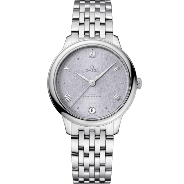 OMEGA De VillePrestige co-axial Master Chronometer 34 mm watch, silver dial with Roman numerals and date window, stainless steel case and bracelet.
