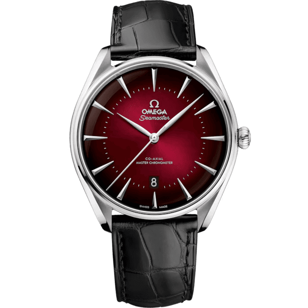 OMEGA Seamaster Boutique Editions co-axial Master Chronometer 39.5 mm watch, close-up view showing a red gradient dial with silver hour markers and hands, black leather strap, and stainless steel case.