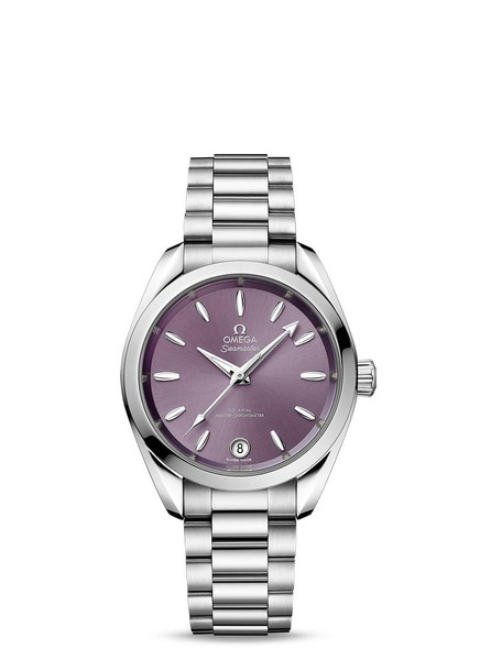 OMEGA Seamaster Aqua Terra Shades co-axial Master Chronometer 34 mm watch, stainless steel case and bracelet with a purple dial, date display at 6 o'clock, and luminous hands and markers.