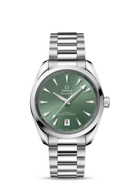 OMEGA Seamaster Aqua Terra Shades co-axial Master Chronometer 38 mm watch, featuring a green dial with silver-tone hands and index hour markers, stainless steel case and bracelet, with date display at 6 o'clock.