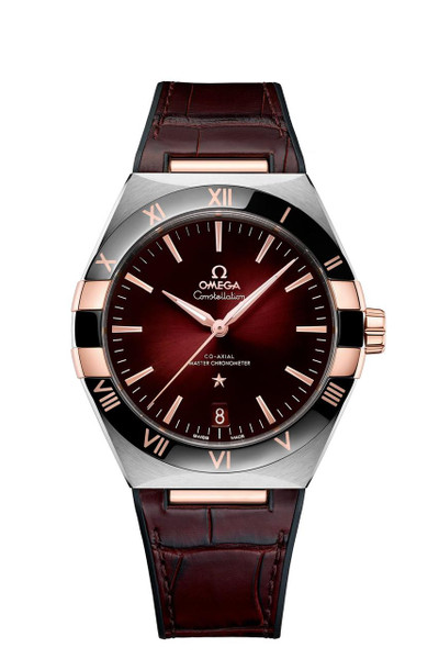 OMEGA Constellation co-axial Master Chronometer 41mm watch, red sunburst dial with rose gold accents, leather strap, and date display.