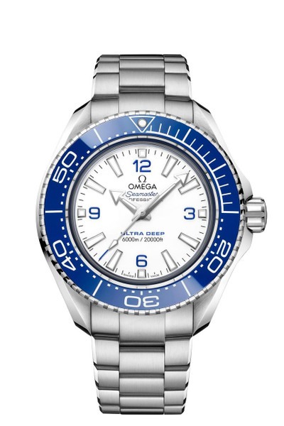 Omega Seamaster Planet Ocean 6000M co-axial Master Chronometer 45.5 mm, luxury stainless steel diving watch with blue and white dial and unidirectional bezel.