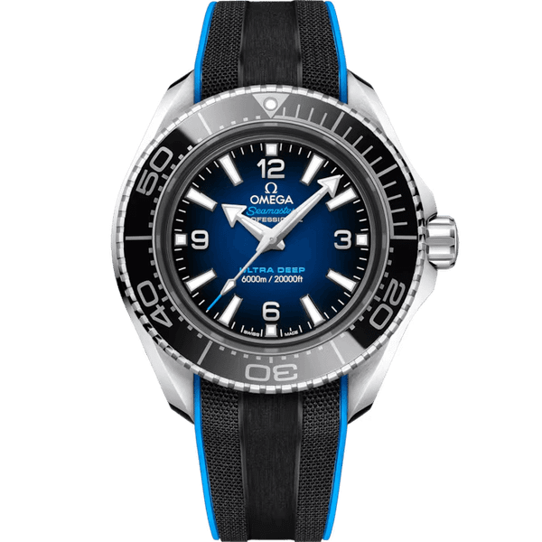 OMEGA Seamaster Planet Ocean 6000M co-axial Master Chronometer 45.5 mm, luxury diving watch with a black and blue dial, stainless steel case, and a black strap with blue accents.