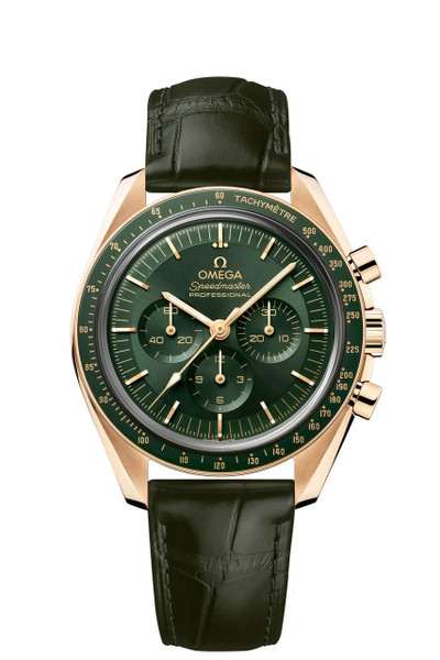 OMEGA Speedmaster Moonwatch Professional co-axial Master Chronometer Chronograph 42 mm, green dial with gold case and black leather strap.