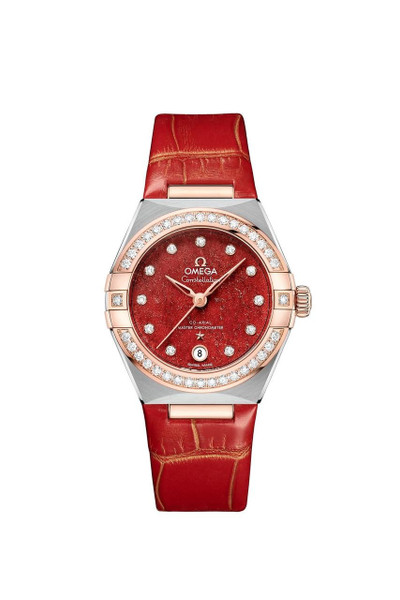 OMEGA Constellation co-axial Master Chronometer 29 mm watch, red dial with diamond accents and a red leather strap.