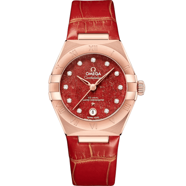 Omega Constellation Co-Axial Master Chronometer 29 mm watch, red dial with diamond hour markers, rose gold case, and red leather strap.