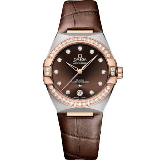 OMEGA Constellation co-axial Master Chronometer 36 mm watch, featuring a brown dial with diamond hour markers, rose gold bezel with diamond accents, and a brown leather strap.