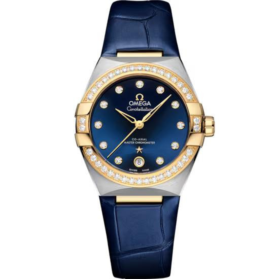 OMEGA Constellation co-axial Master Chronometer 36 mm, luxury watch with a blue dial, diamond hour markers, gold accents, and a blue leather strap.
