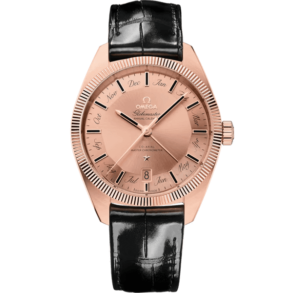 OMEGA Constellation Globemaster co-axial Master Chronometer Annual Calendar 41 mm, close-up view of the luxury watch with a pink gold case, rose dial with month markers, date window at 6 o'clock, and black leather strap.