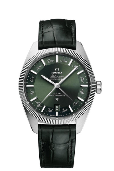 Omega Constellation Globemaster Co-Axial Master Chronometer Annual Calendar 41 mm watch, featuring a green dial with roman numerals for months, a date window at 6 o'clock, and a black leather strap.