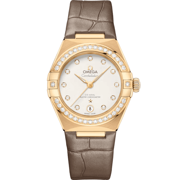 OMEGA Constellation Co-Axial Master Chronometer 29 mm watch, luxurious gold case with diamond-studded bezel, white dial with diamond hour markers, brown leather strap.