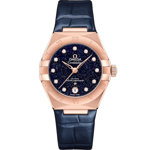 OMEGA Constellation co-axial Master Chronometer 29 mm, luxury wristwatch with a rose gold case, dark blue dial with diamond hour markers, and a dark blue leather strap.