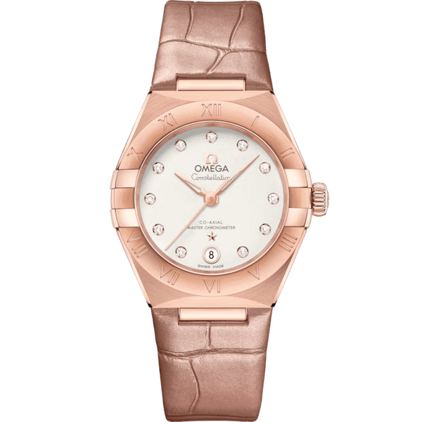 OMEGA Constellation co-axial Master Chronometer 29 mm watch, rose gold case with diamond hour markers and white dial, pink leather strap.