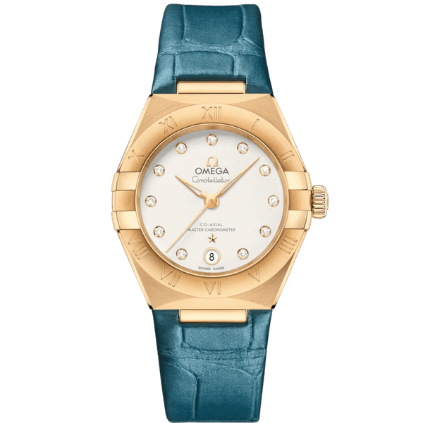 Omega Constellation co-axial Master Chronometer 29 mm watch, gold case with diamond hour markers, white dial, blue leather strap.