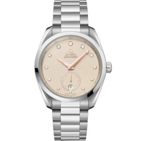 OMEGA Seamaster Aqua Terra 150M co-axial Master Chronometer Small Seconds 38 mm watch, featuring a silver stainless steel bracelet, a champagne dial with diamond hour markers, and a small seconds sub-dial at 6 o'clock.