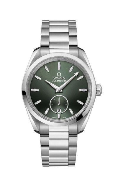 Omega Seamaster Aqua Terra 150M co-axial Master Chronometer Small Seconds 38 mm watch, stainless steel bracelet with green dial, date display at 6 o'clock, and small seconds sub-dial.