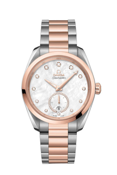 OMEGA Seamaster Aqua Terra 150M co-axial Master Chronometer Small Seconds 38 mm watch, with a silver and rose gold bracelet and a white mother-of-pearl dial featuring diamond hour markers.