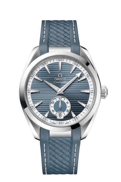 Omega Seamaster Aqua Terra 150M Co-Axial Master Chronometer Small Seconds 41 mm watch with blue textured dial, stainless steel case, and blue rubber strap with stitching.