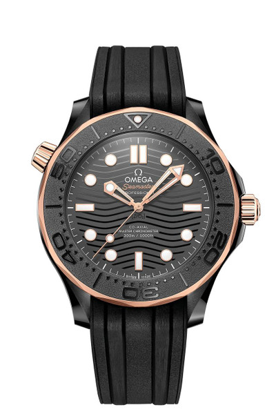 OMEGA Seamaster Diver 300M co-axial Master Chronometer 43.5 mm, black dial with wave pattern, rose gold bezel, and black rubber strap.