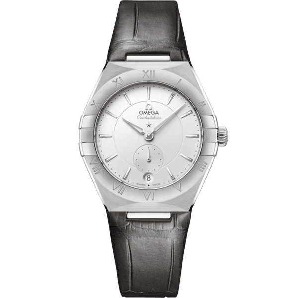 OMEGA Constellation Co-Axial Master Chronometer Small Seconds 34mm watch, silver dial with Roman numeral hour markers and black leather strap.