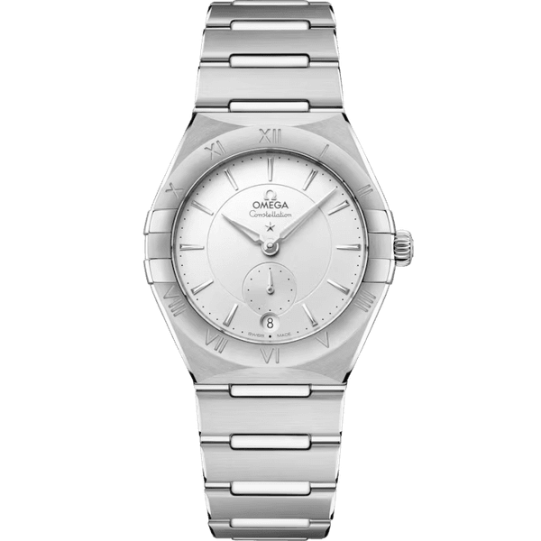 Omega Constellation Co-Axial Master Chronometer Small Seconds 34 mm watch, silver dial with Roman numeral hour markers and a date window at 6 o'clock, stainless steel bracelet and case.