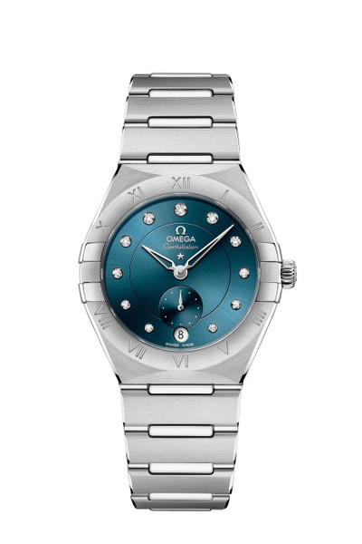 OMEGA Constellation co-axial Master Chronometer Small Seconds 34 mm watch, featuring a stainless steel bracelet, blue dial with diamond hour markers, and a date display at 6 o'clock.