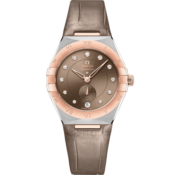 OMEGA Constellation co-axial Master Chronometer Small Seconds 34 mm watch, elegant timepiece with brown dial, diamond hour markers, rose gold bezel, and leather strap.