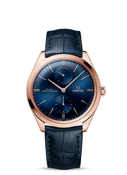 Omega De Ville Trésor Co-Axial Master Chronometer Power Reserve 40mm, luxurious wristwatch with a blue dial, gold case, and leather strap.
