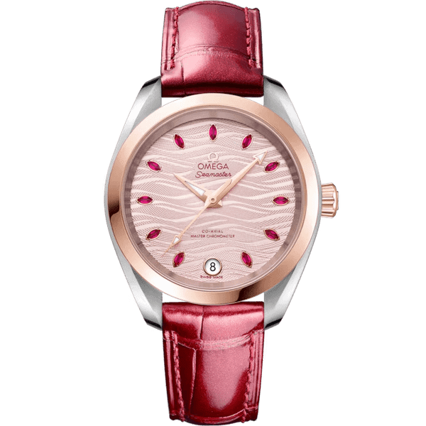 OMEGA Seamaster Aqua Terra 150M co-axial Master Chronometer 34 mm watch, featuring a pink dial with wave pattern, pink gemstone hour markers, and a red leather strap.