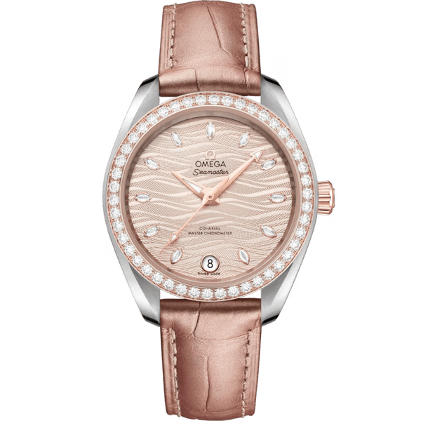 Omega Seamaster Aqua Terra 150M co-axial Master Chronometer 34 mm watch, elegant timepiece with rose gold accents, diamond-encrusted bezel, and blush pink leather strap.