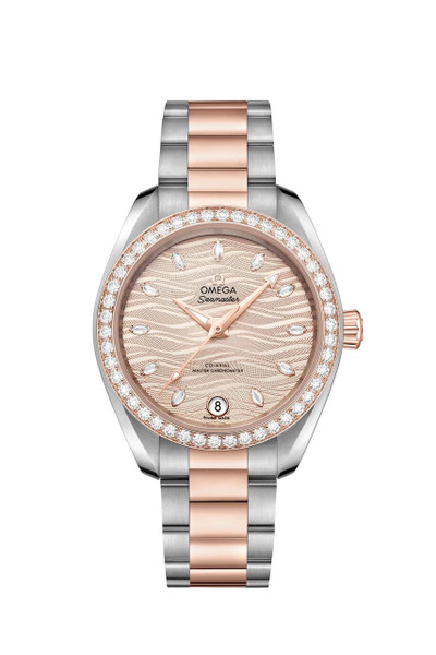Omega Seamaster Aqua Terra 150M co-axial Master Chronometer 34 mm, luxury wristwatch with rose gold and stainless steel bracelet, diamond-set bezel, textured pink dial with diamond hour markers, date window at 6 o'clock, and elegant design.