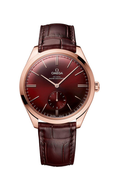 OMEGA De VilleTrésor co-axial Master Chronometer Small Seconds 40 mm, luxury wristwatch with a burgundy sunburst dial, gold case, and leather strap.