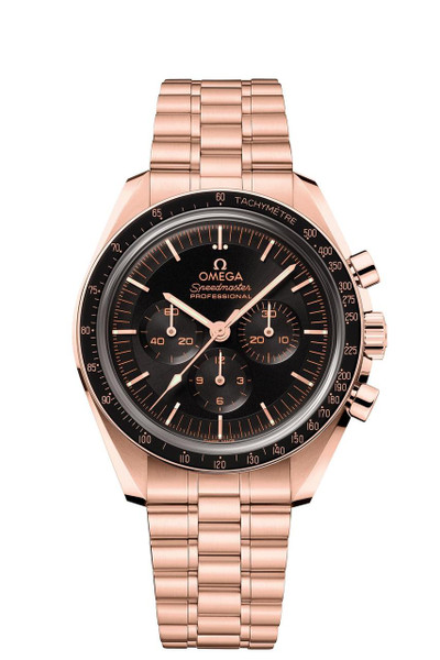 OMEGA Speedmaster Moonwatch Professional co-axial Master Chronometer Chronograph 42 mm, Rose Gold wristwatch with black dial featuring three subdials and tachymeter bezel.